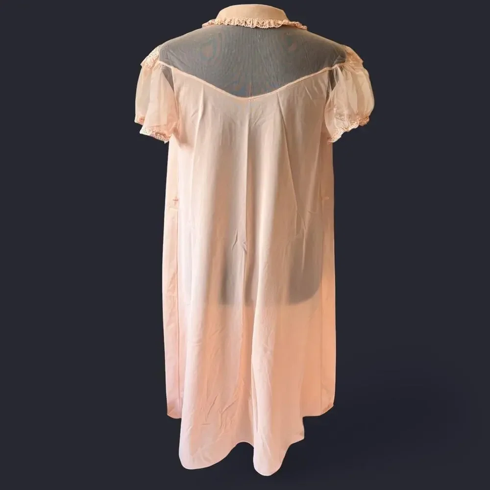 Vintage 60s peachy coral satin night robe house coat sz‎ m cottagecore romantic